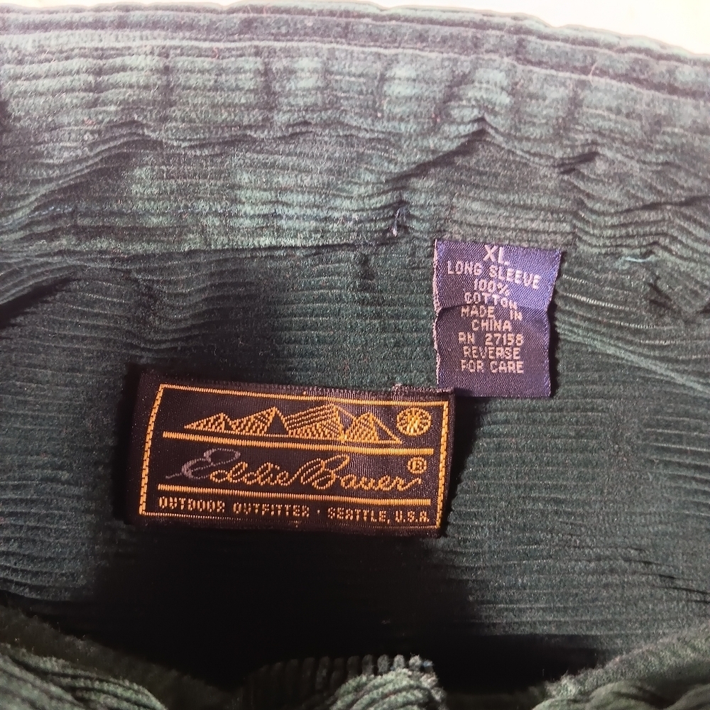 Vintage 90s Eddie Bauer Shirt Mens XL Green Corduroy Buttom Down Hipster Grandpa - Picture 2 of 9